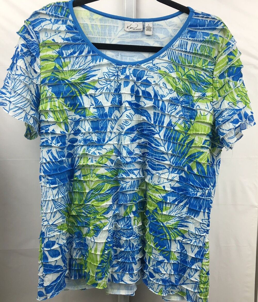 Kim Rogers Top Women Large Blue Green Floral Stretch Tiered Ruffle Blouse